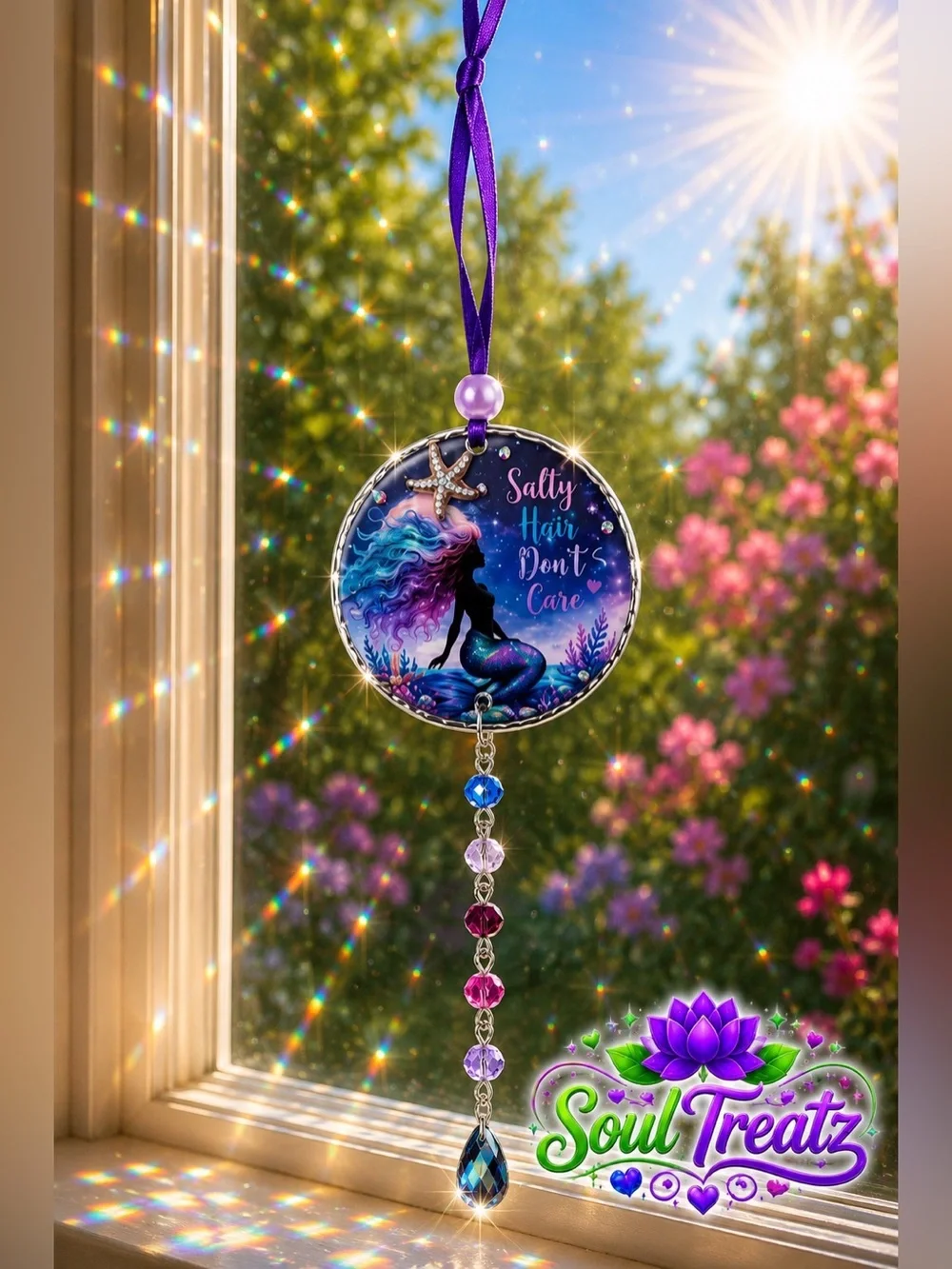 Decoupage Mermaid 'Salty Hair Don't Care' Purple & Blue Crystal Suncatcher